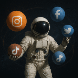 Astronauta haciendo malabares con los iconos de las redes sociales