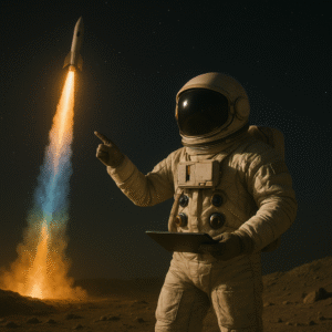 Astronauta señalando un cohete en pleno despegue