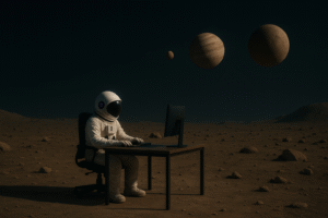 Astronauta trabajando con un portátil sobre la superficie de un planeta