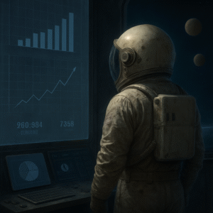 Astronauta revisando un panel con los datos de su negocio