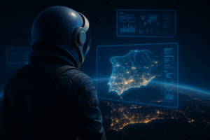 Astronauta frente a un mapa holográfico con las ciudades iluminadas